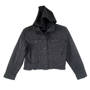 Justice‎ Girls Black Denim Jacket Cropped Hooded Button Front Size 8
